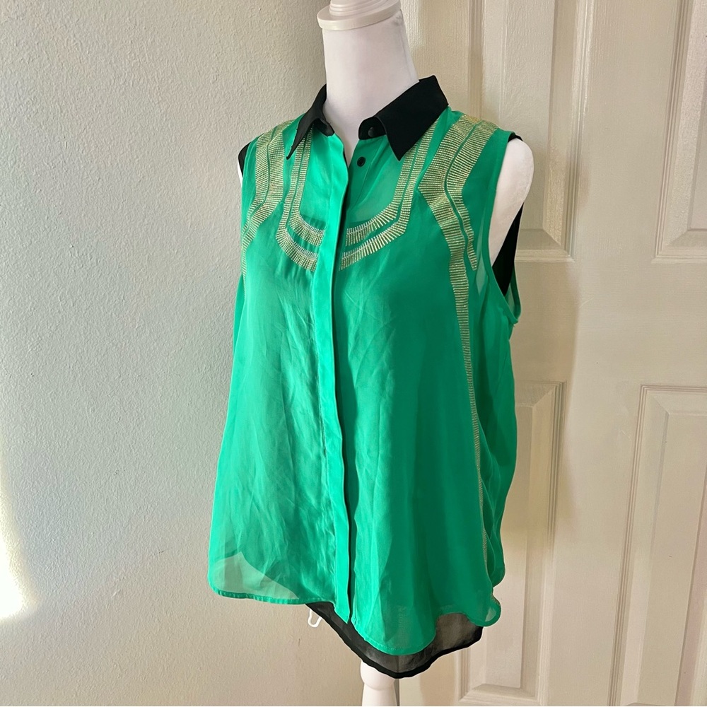 Green and Black Sleeveless Chiffon Top